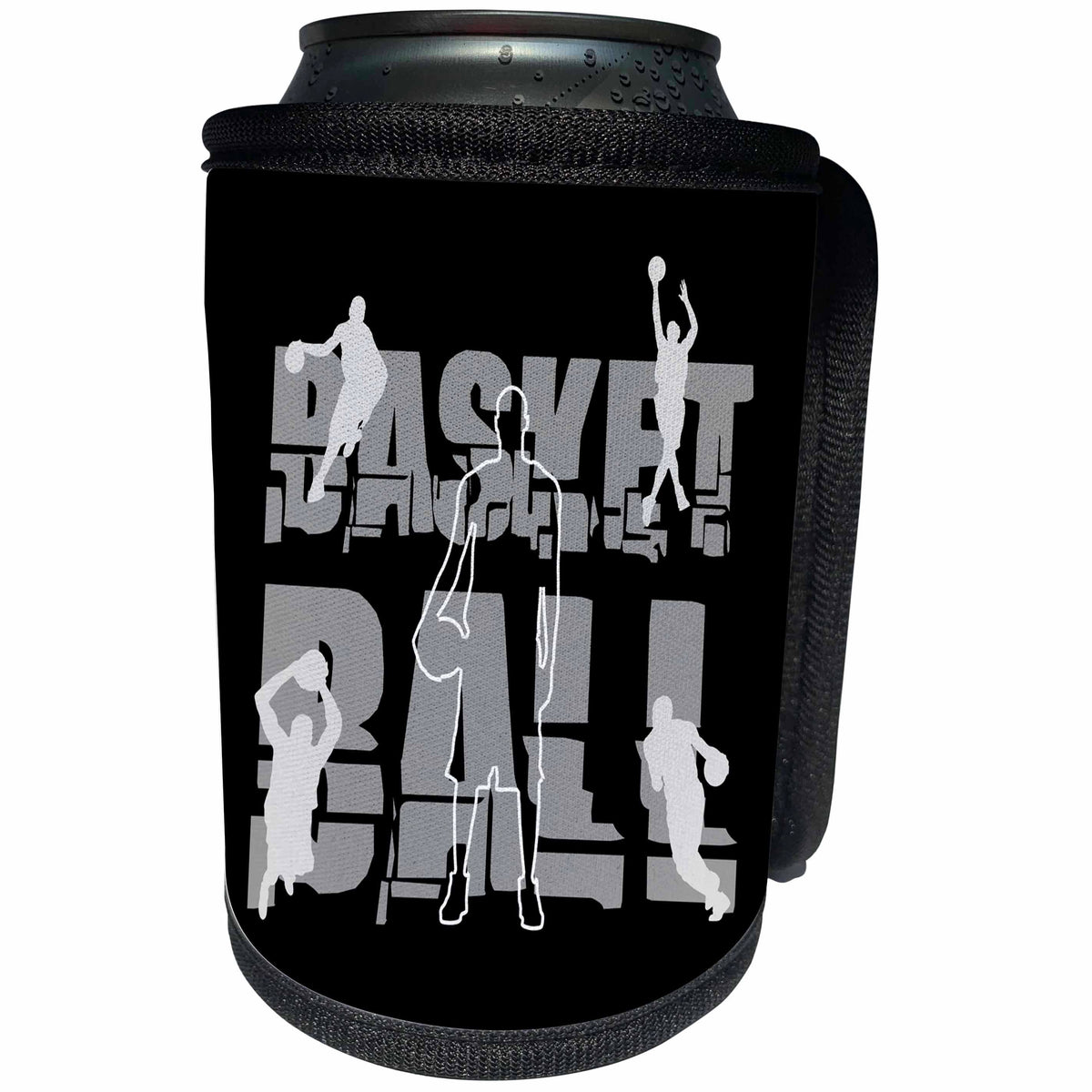 3dRose Alexis Design - Sport Basketball - Basketball. Grey text and images of players on black background - Can Cooler Bottle Wrap (cc_281267)