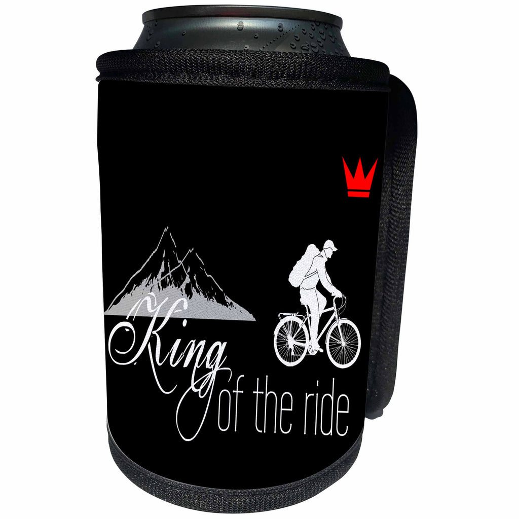 3dRose Alexis Design - Sport Bicycle - King of the ride. Male bicycle rider, red crown, mountains on black - Can Cooler Bottle Wrap (cc_281273)