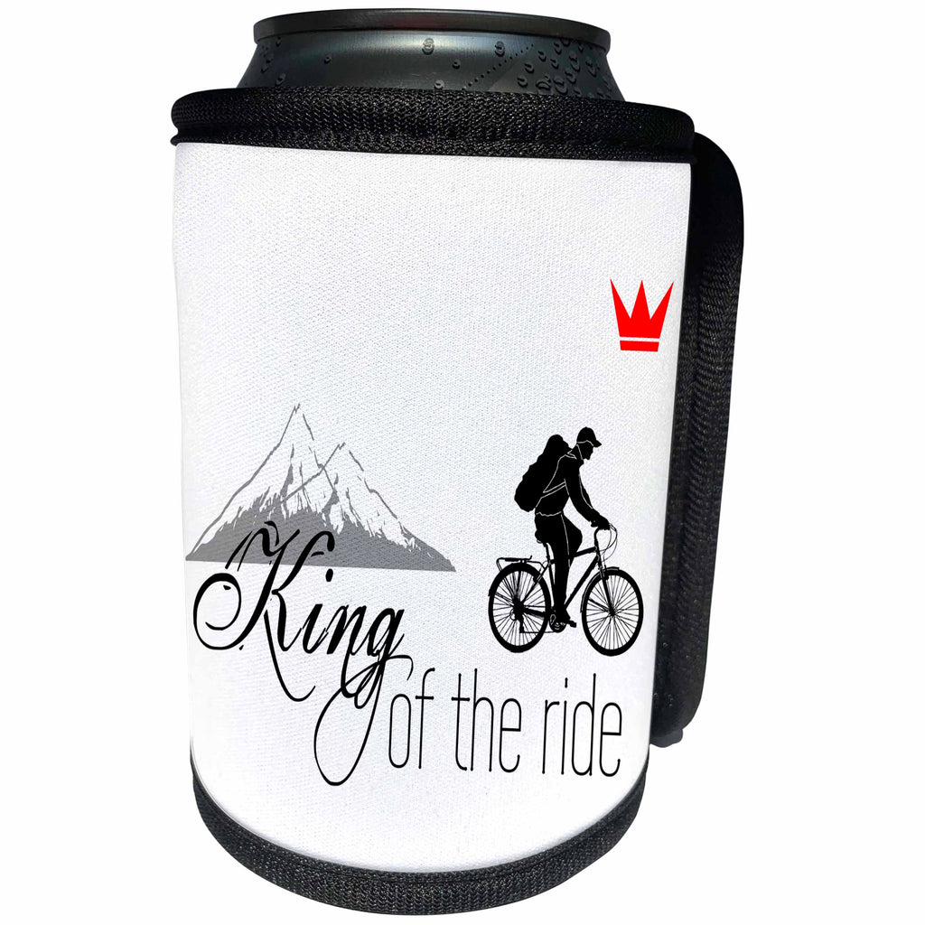 3dRose Alexis Design - Sport Bicycle - King of the ride. Male bicycle rider, red crown, mountains on white - Can Cooler Bottle Wrap (cc_281274)