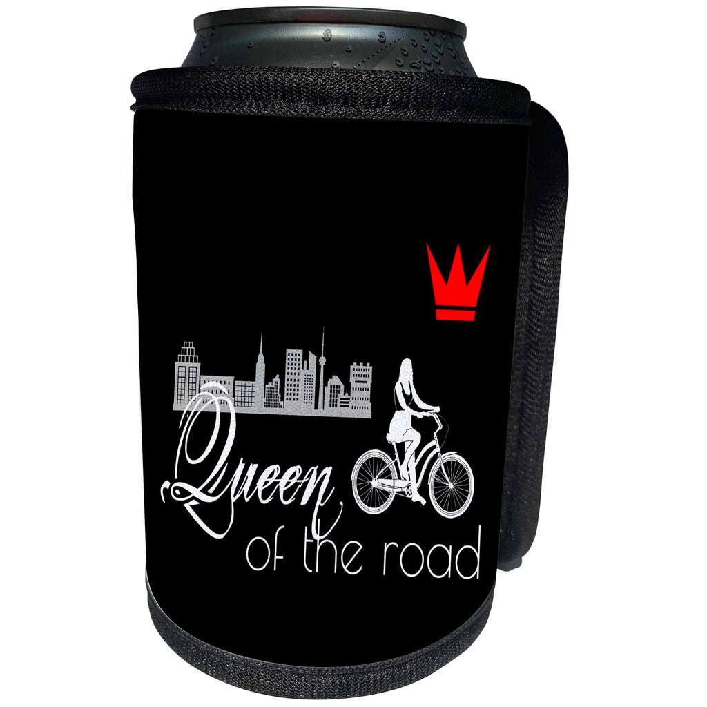 3dRose Alexis Design - Sport Bicycle - Queen of the road. Female bicycle rider, red crown, city on black - Can Cooler Bottle Wrap (cc_281275)