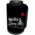 3dRose Alexis Design - Sport Bicycle - Queen of the road. Female bicycle rider, red crown, city on black - Can Cooler Bottle Wrap (cc_281275)