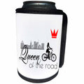 3dRose Alexis Design - Sport Bicycle - Queen of the road. Female bicycle rider, red crown, city on white - Can Cooler Bottle Wrap (cc_281276)
