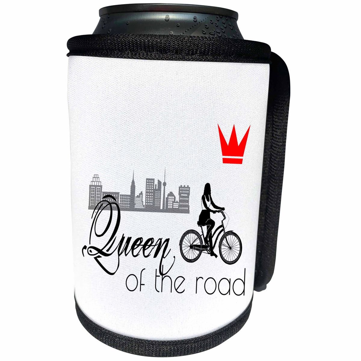 3dRose Alexis Design - Sport Bicycle - Queen of the road. Female bicycle rider, red crown, city on white - Can Cooler Bottle Wrap (cc_281276)