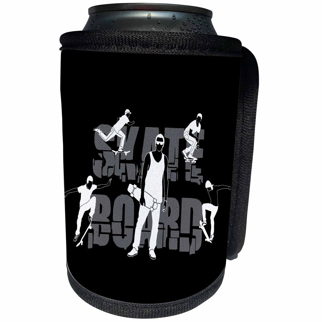 3dRose Alexis Design - Sport Skateboard - Skateboard. Grey text and images of skateboarders on black - Can Cooler Bottle Wrap (cc_281277)