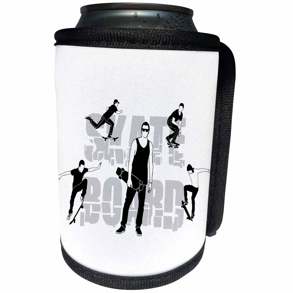 3dRose Alexis Design - Sport Skateboard - Skateboard. Grey text and images of skateboarders on white - Can Cooler Bottle Wrap (cc_281278)