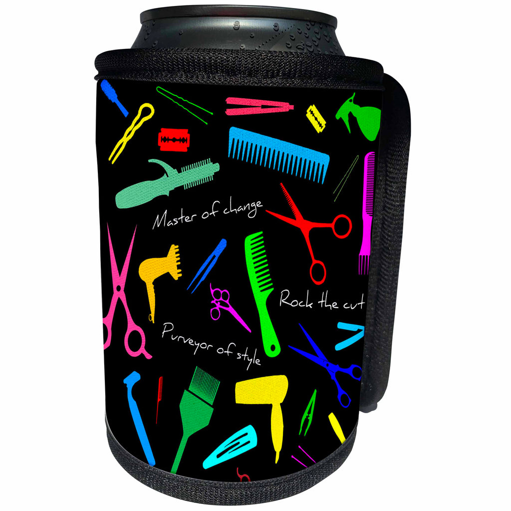 3dRose Alexis Design - Crafts - Barber, master of change. Colorful stylist appliances, text, on black - Can Cooler Bottle Wrap (cc_281295)