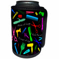 3dRose Alexis Design - Crafts - Barber, master of change. Colorful stylist appliances, text, on black - Can Cooler Bottle Wrap (cc_281295)