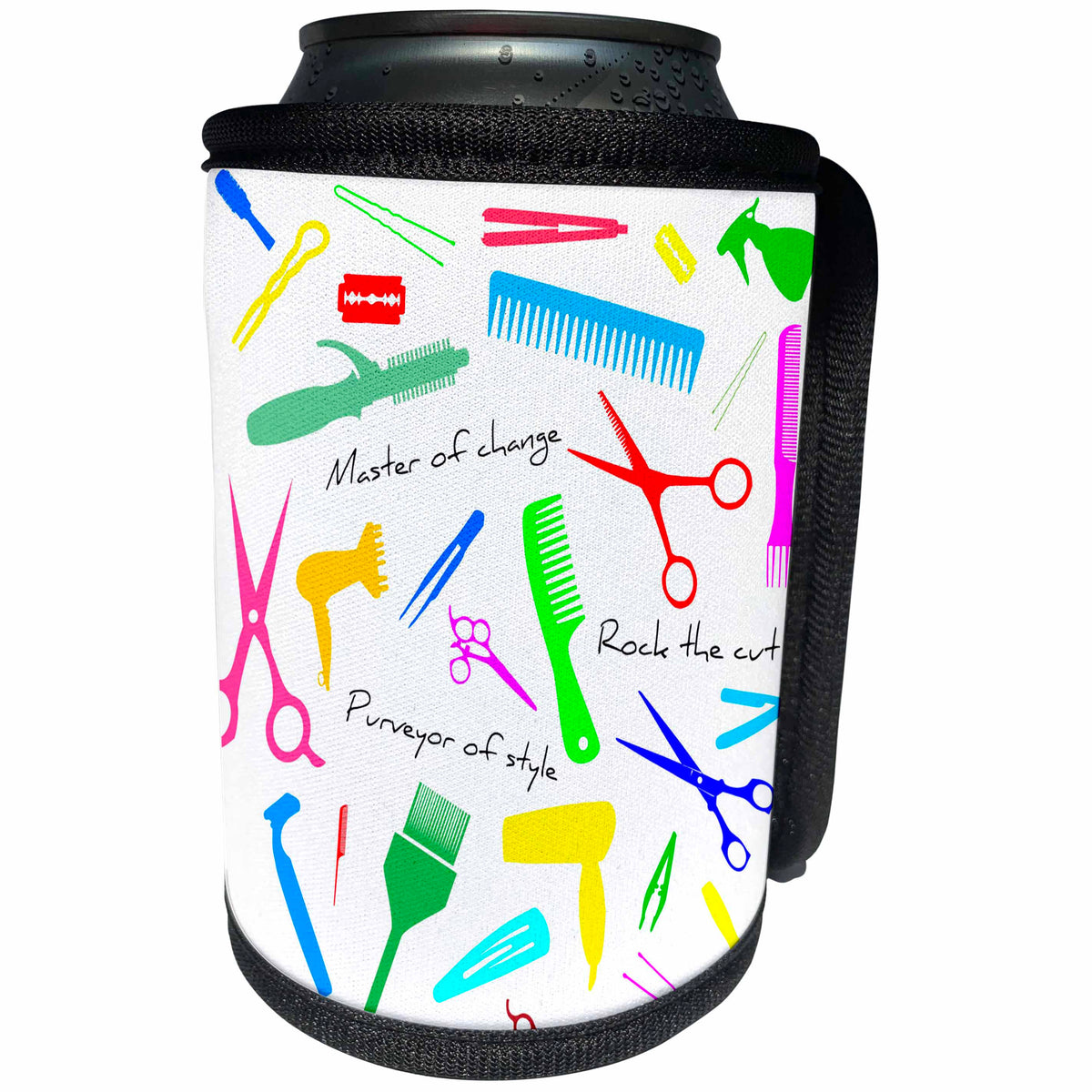 3dRose Alexis Design - Crafts - Barber, master of change. Colorful stylist appliances, text, on white - Can Cooler Bottle Wrap (cc_281296)