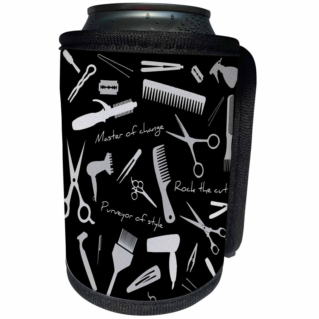 3dRose Alexis Design - Crafts - Barber, master of change. Grey stylist appliances, text, on black - Can Cooler Bottle Wrap (cc_281297)