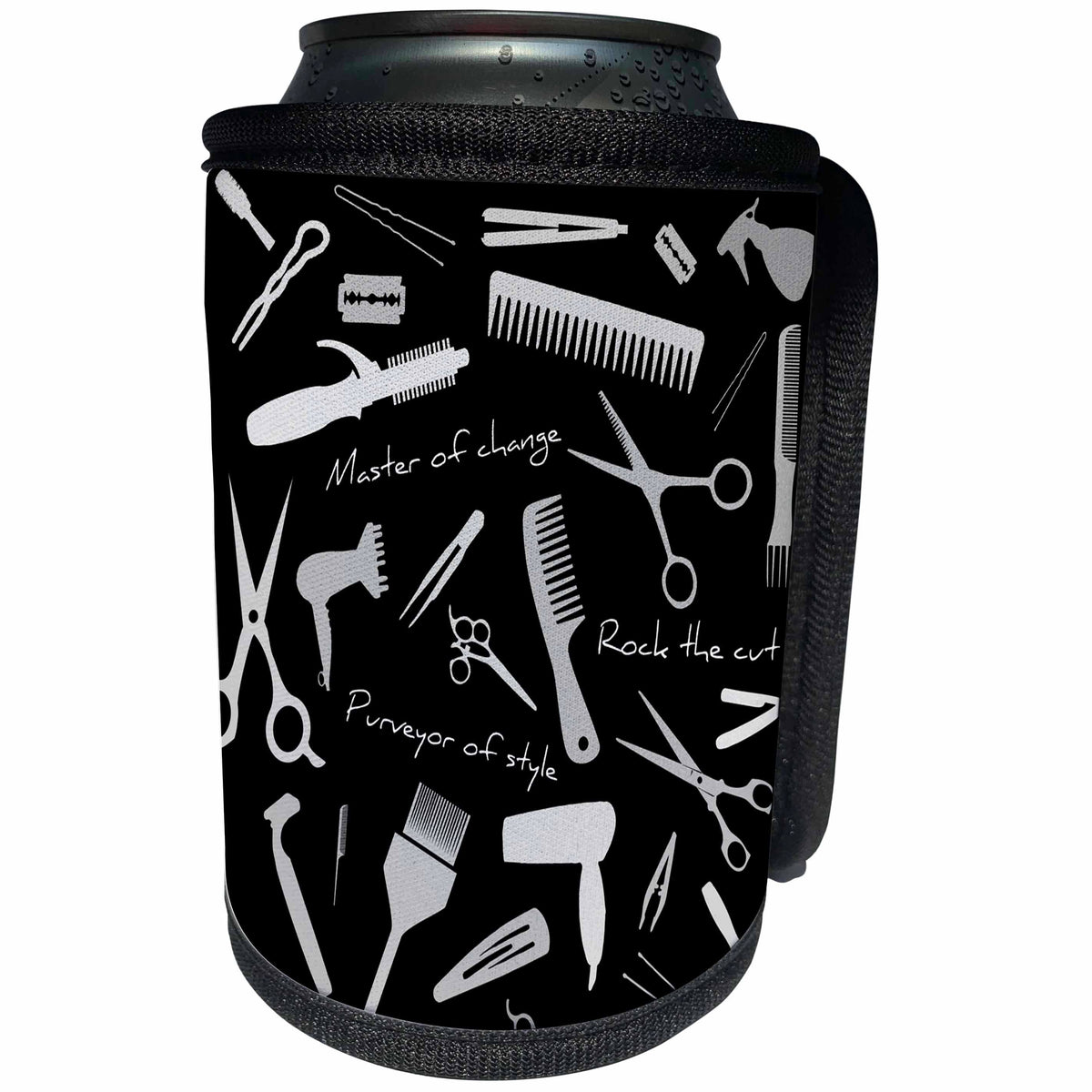 3dRose Alexis Design - Crafts - Barber, master of change. Grey stylist appliances, text, on black - Can Cooler Bottle Wrap (cc_281297)