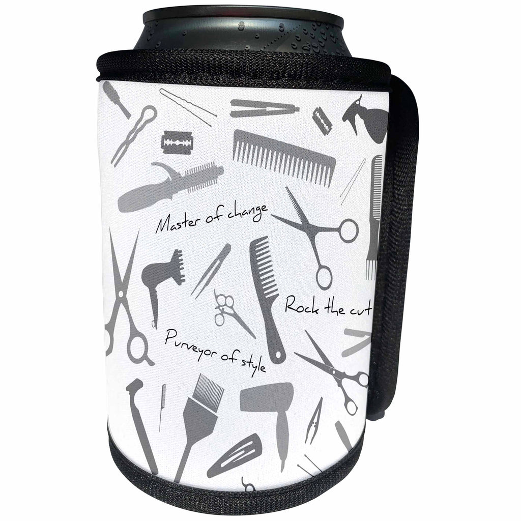 3dRose Alexis Design - Crafts - Barber, master of change. Grey stylist appliances, text, on white - Can Cooler Bottle Wrap (cc_281298)
