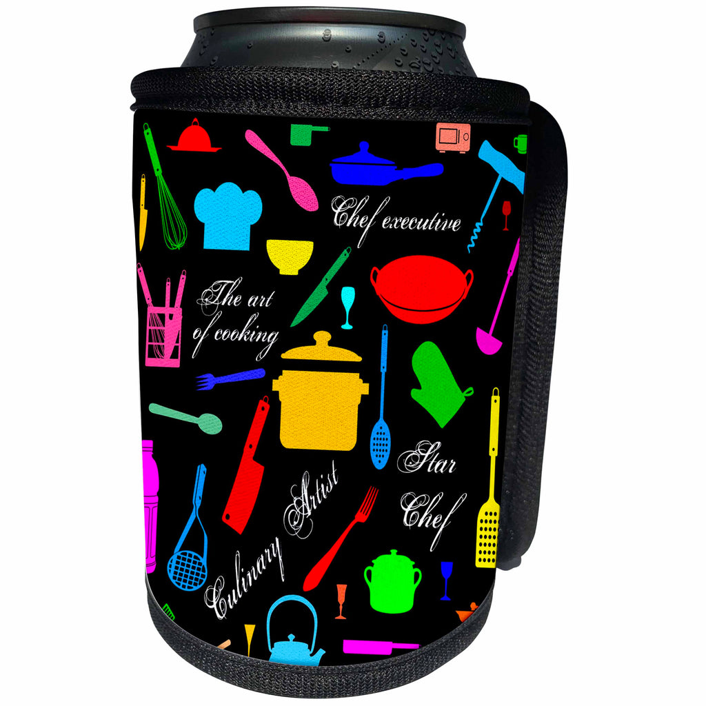 3dRose Alexis Design - Crafts - Colorful kitchenware, utensils, cooking appliances, text, on black - Can Cooler Bottle Wrap (cc_281299)