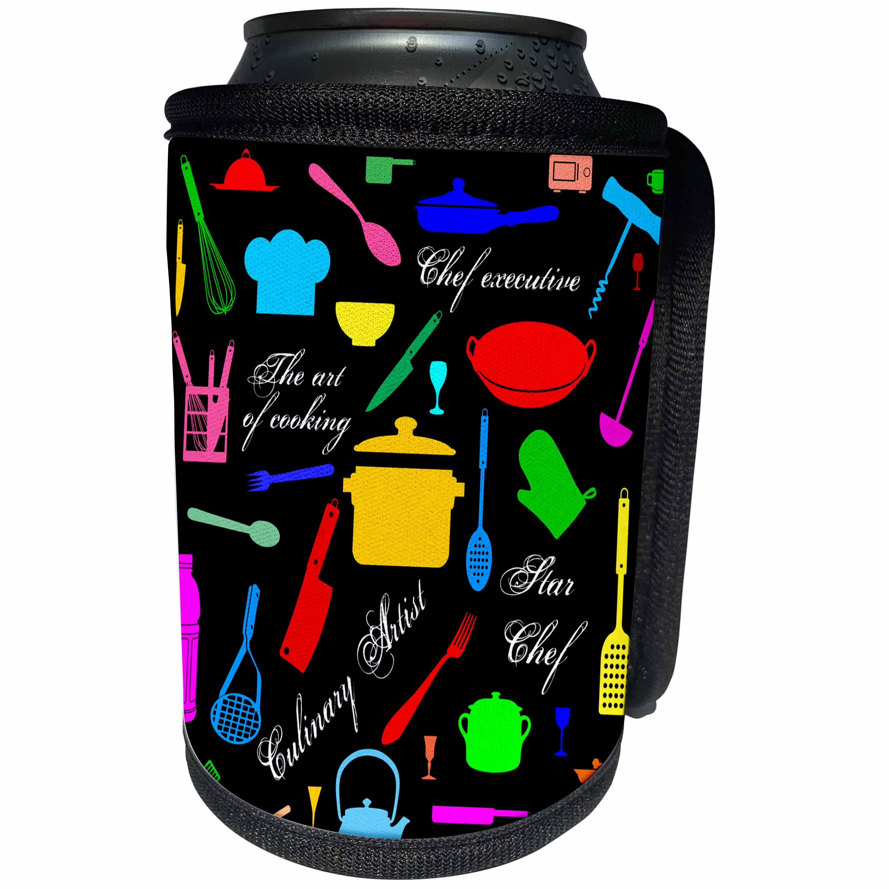 3dRose Alexis Design - Crafts - Colorful kitchenware, utensils, cooking appliances, text, on black - Can Cooler Bottle Wrap (cc_281299)