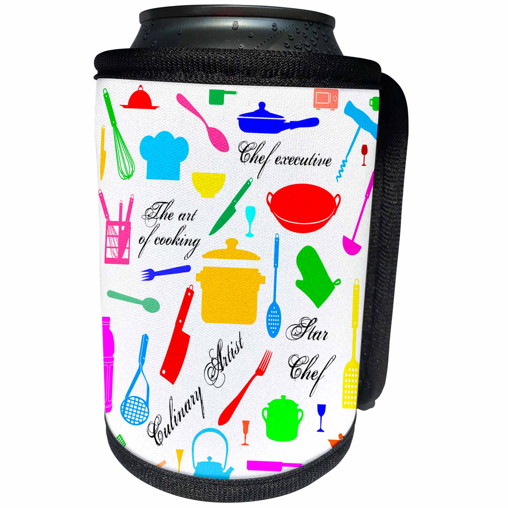 3dRose Alexis Design - Crafts - Colorful kitchenware, utensils, cooking appliances, text, on white - Can Cooler Bottle Wrap (cc_281300)