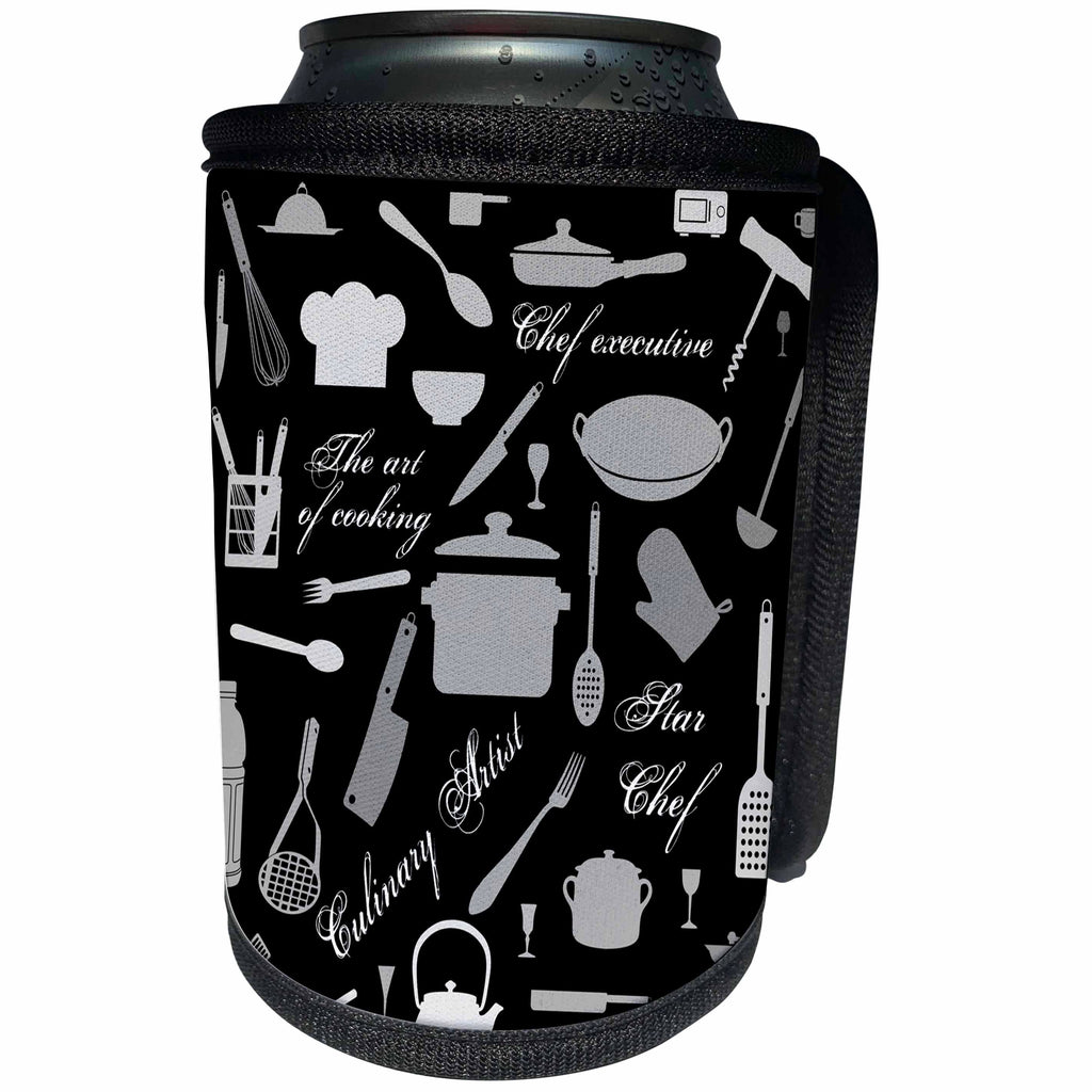 3dRose Alexis Design - Crafts - Grey kitchenware, utensils, cooking appliances, text, on black - Can Cooler Bottle Wrap (cc_281301)
