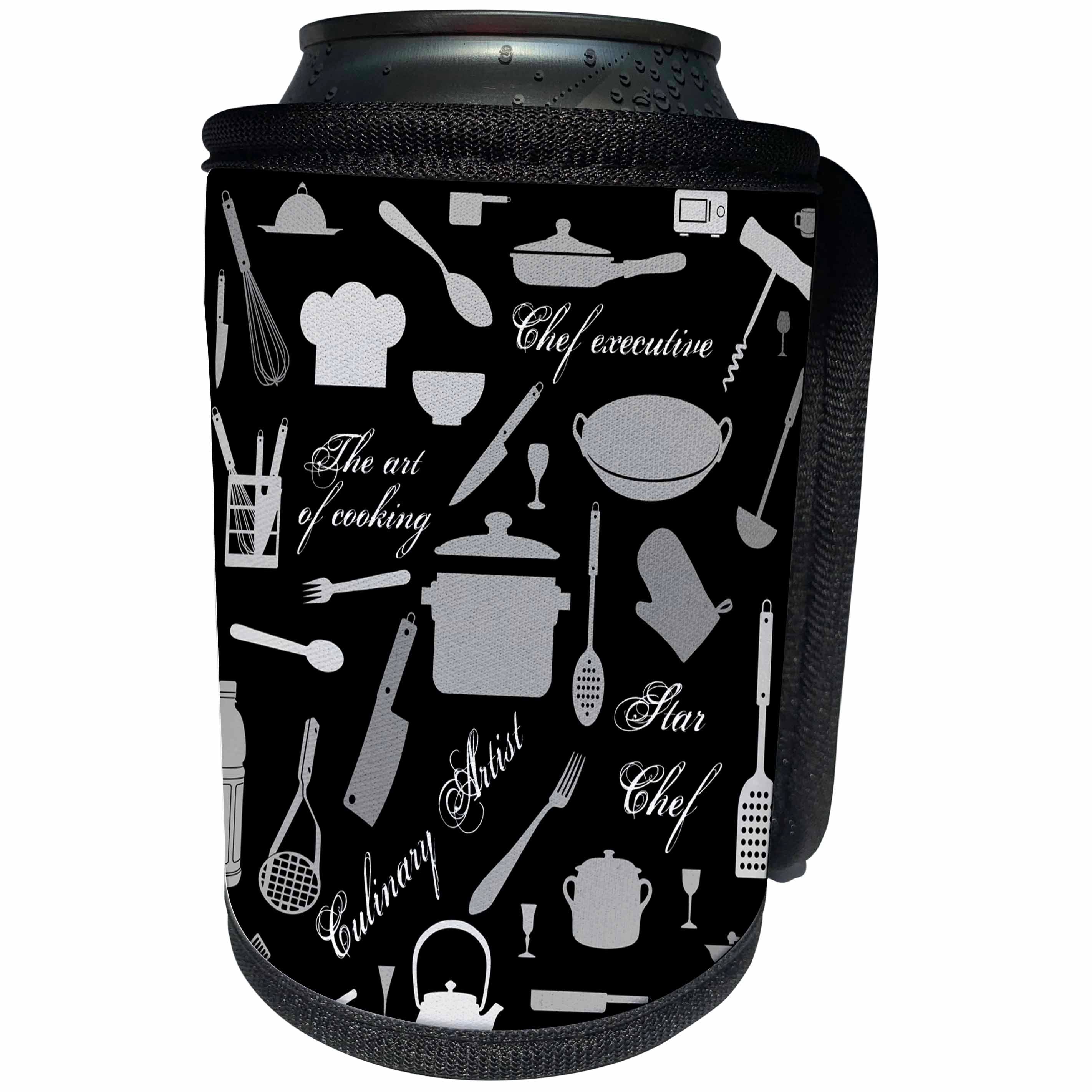 3dRose Alexis Design - Crafts - Grey kitchenware, utensils, cooking appliances, text, on black - Can Cooler Bottle Wrap (cc_281301)