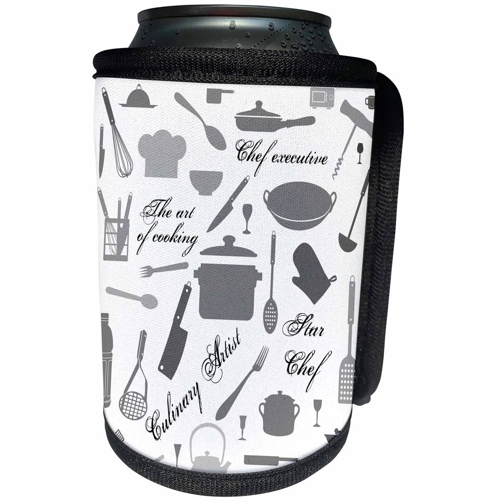 3dRose Alexis Design - Crafts - Grey kitchenware, utensils, cooking appliances, text, on white - Can Cooler Bottle Wrap (cc_281302)