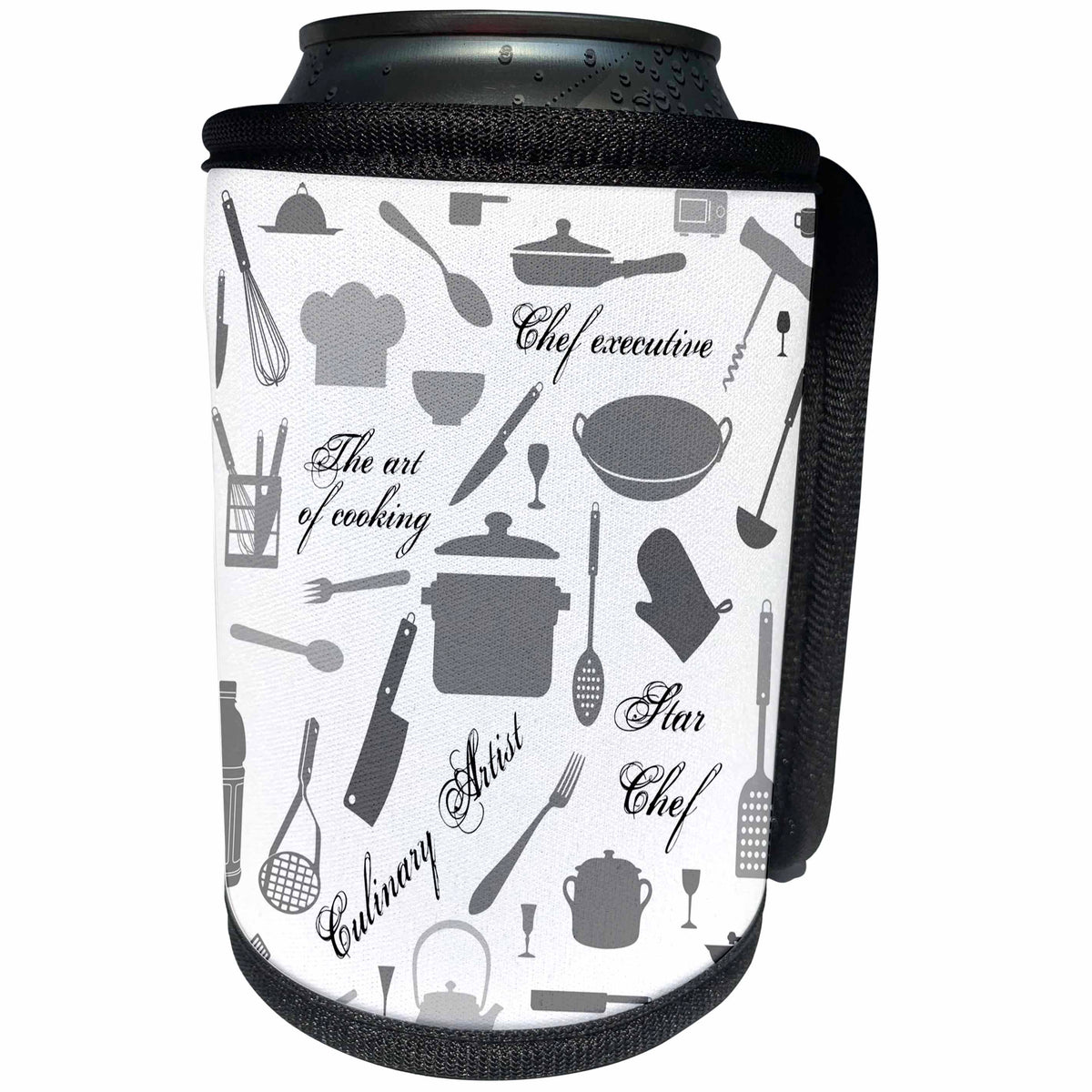 3dRose Alexis Design - Crafts - Grey kitchenware, utensils, cooking appliances, text, on white - Can Cooler Bottle Wrap (cc_281302)