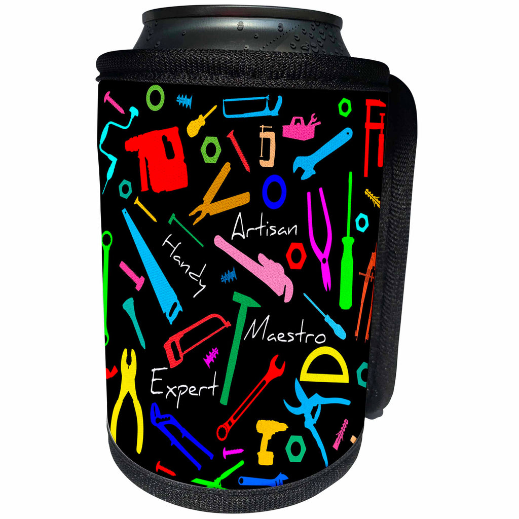 3dRose Alexis Design - Crafts - Colorful bench tools and metalware, text Artisan, Handy on black - Can Cooler Bottle Wrap (cc_281303)