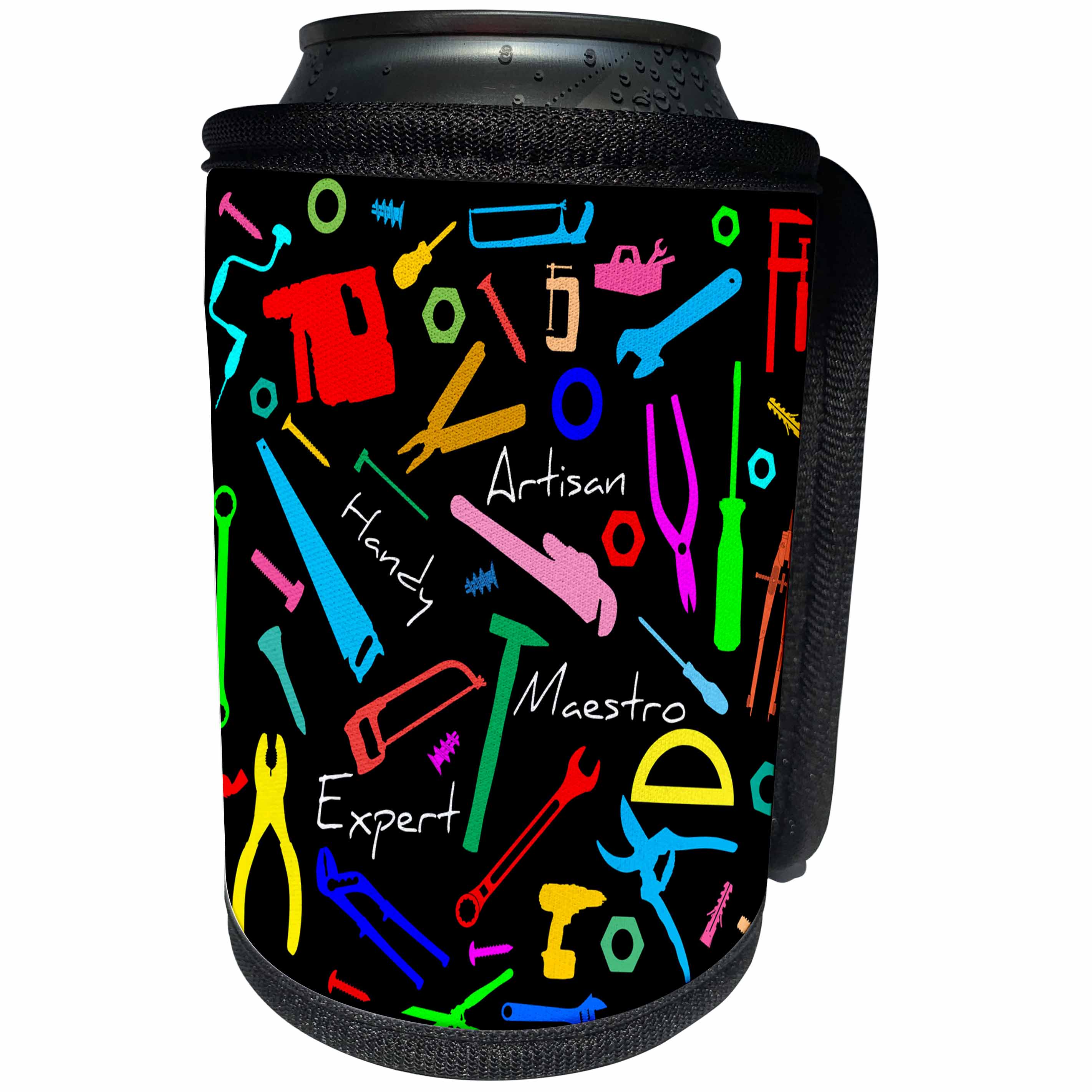 3dRose Alexis Design - Crafts - Colorful bench tools and metalware, text Artisan, Handy on black - Can Cooler Bottle Wrap (cc_281303)