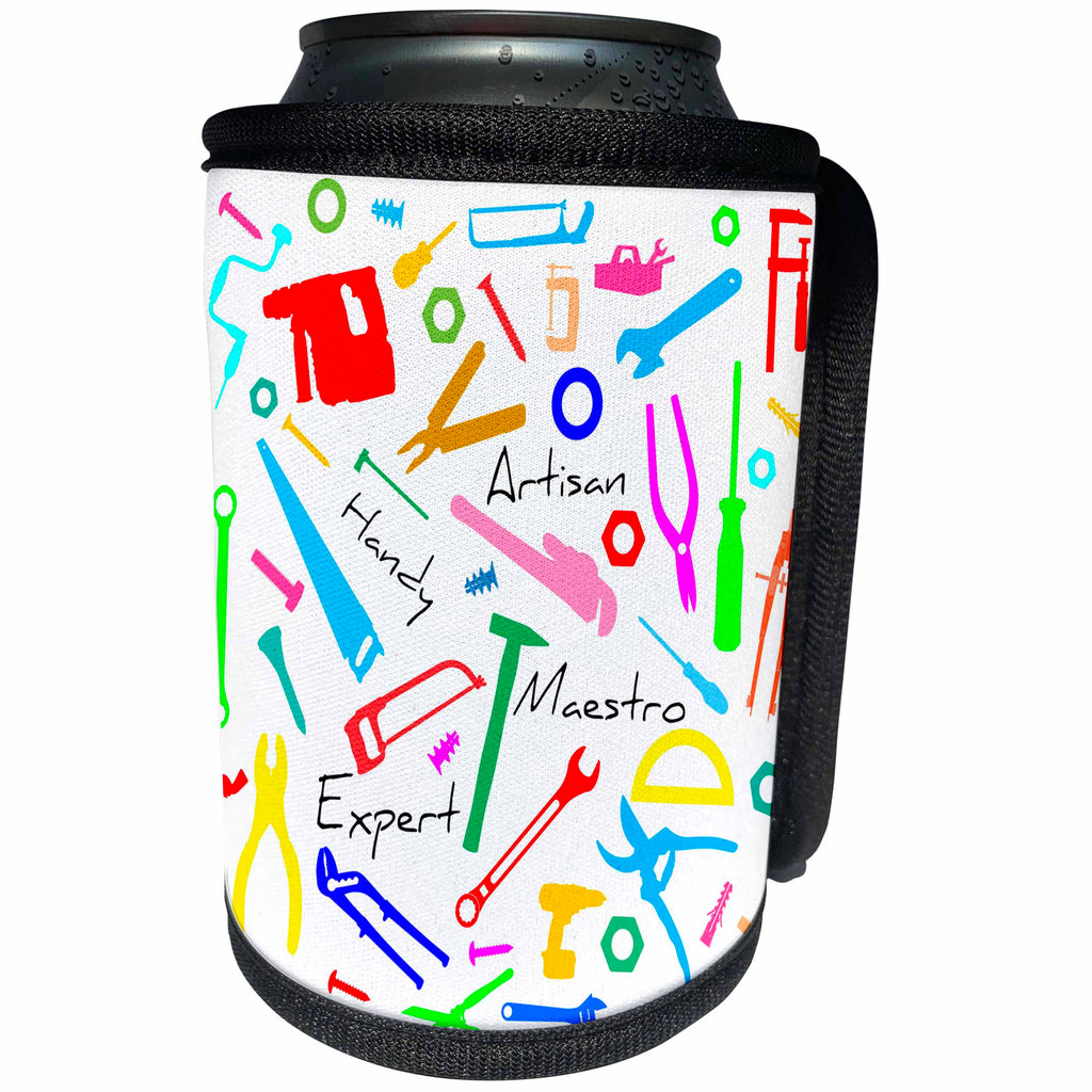3dRose Alexis Design - Crafts - Colorful bench tools and metalware, text Artisan, Handy on white - Can Cooler Bottle Wrap (cc_281304)