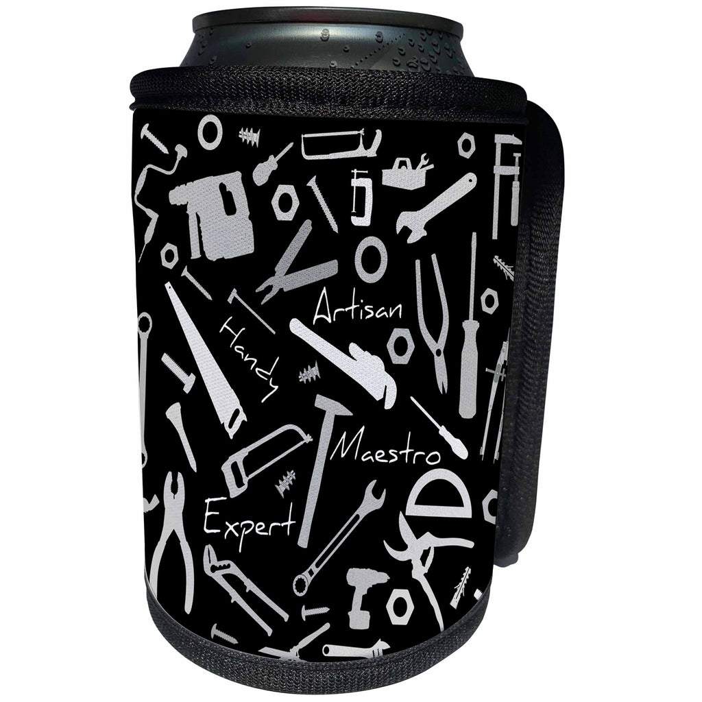 3dRose Alexis Design - Crafts - Grey bench tools and metalware, text Artisan, Handy, Maestro on black - Can Cooler Bottle Wrap (cc_281305)