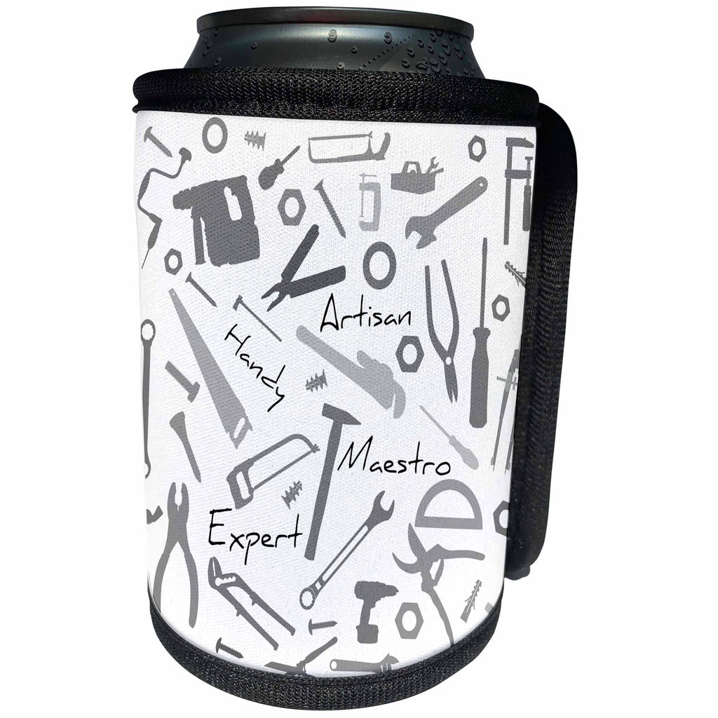3dRose Alexis Design - Crafts - Grey bench tools and metalware, text Artisan, Handy, Maestro on white - Can Cooler Bottle Wrap (cc_281306)
