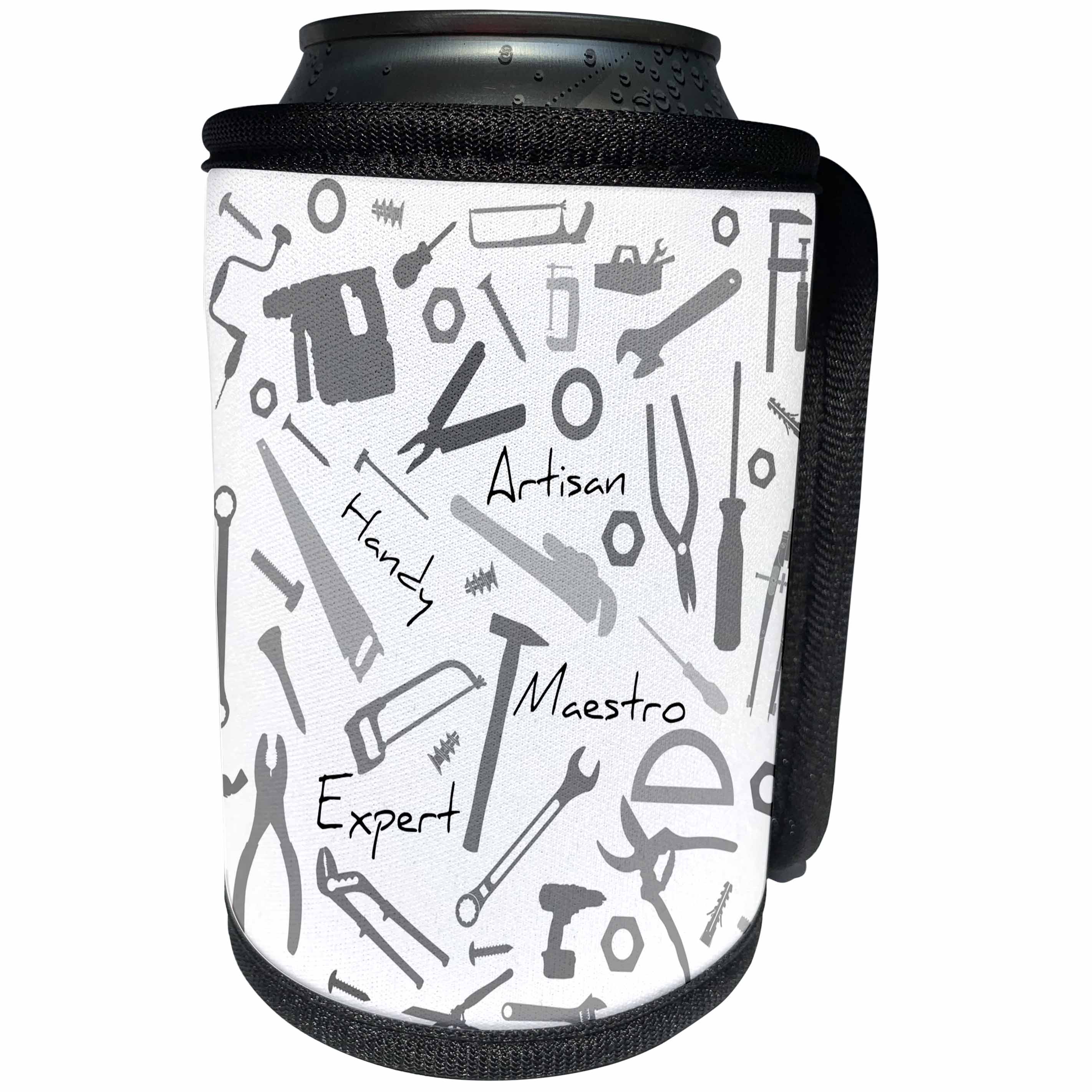 3dRose Alexis Design - Crafts - Grey bench tools and metalware, text Artisan, Handy, Maestro on white - Can Cooler Bottle Wrap (cc_281306)