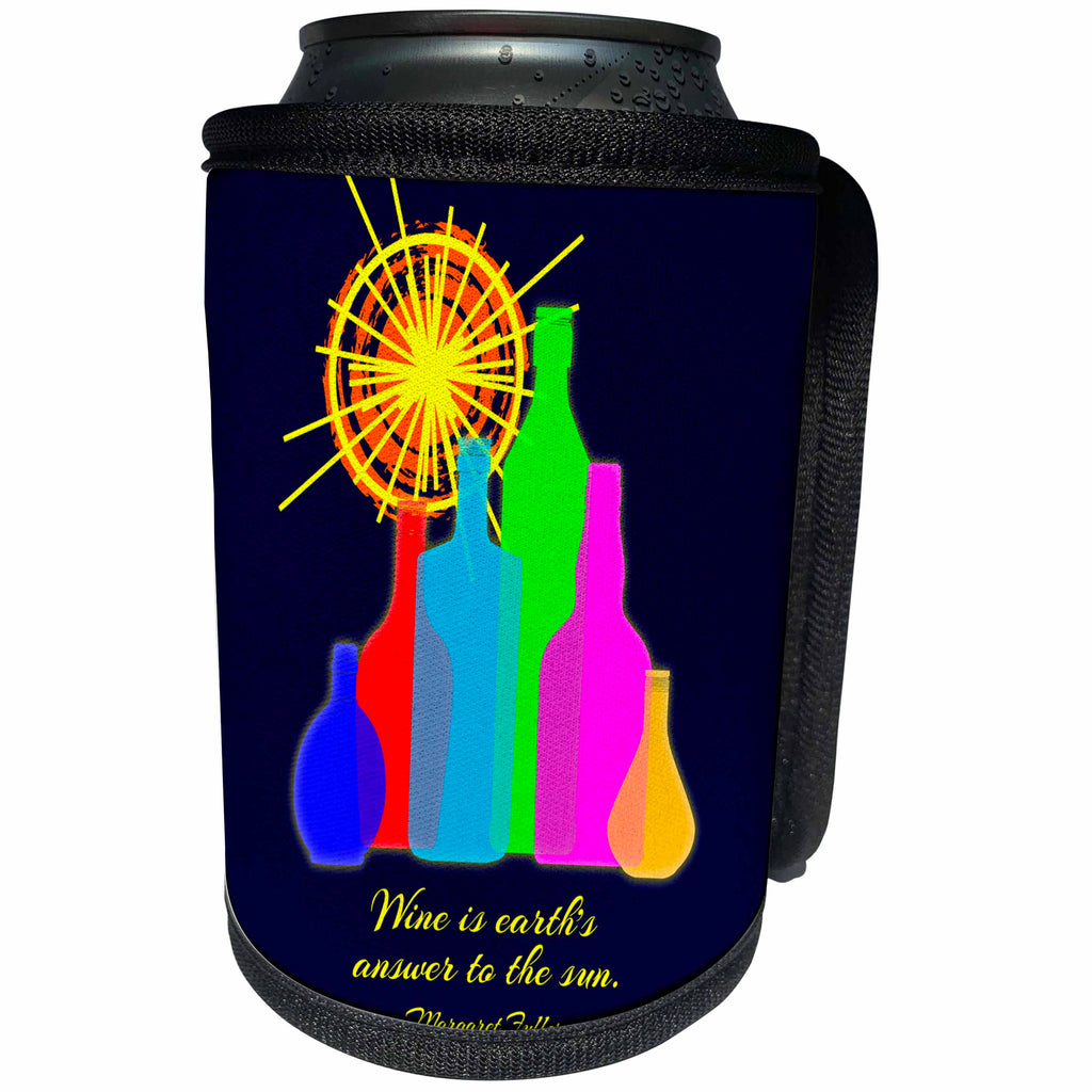 3dRose Alexis Design - Quotes Wine - Colorful bottles, sun, text Wine is earths answer to the sun on navy - Can Cooler Bottle Wrap (cc_281308)