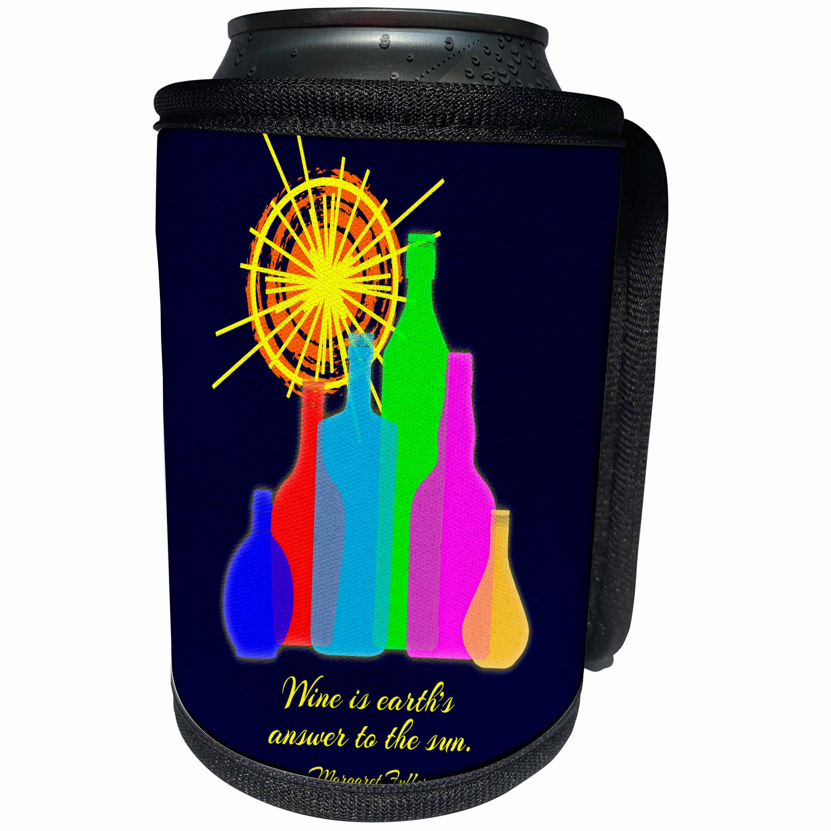 3dRose Alexis Design - Quotes Wine - Colorful bottles, sun, text Wine is earths answer to the sun on navy - Can Cooler Bottle Wrap (cc_281308)