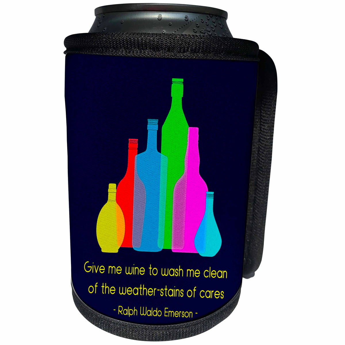 3dRose Alexis Design - Quotes Wine - Colorful bottles on dark blue. Emerson quote Give me wine to wash me - Can Cooler Bottle Wrap (cc_281311)