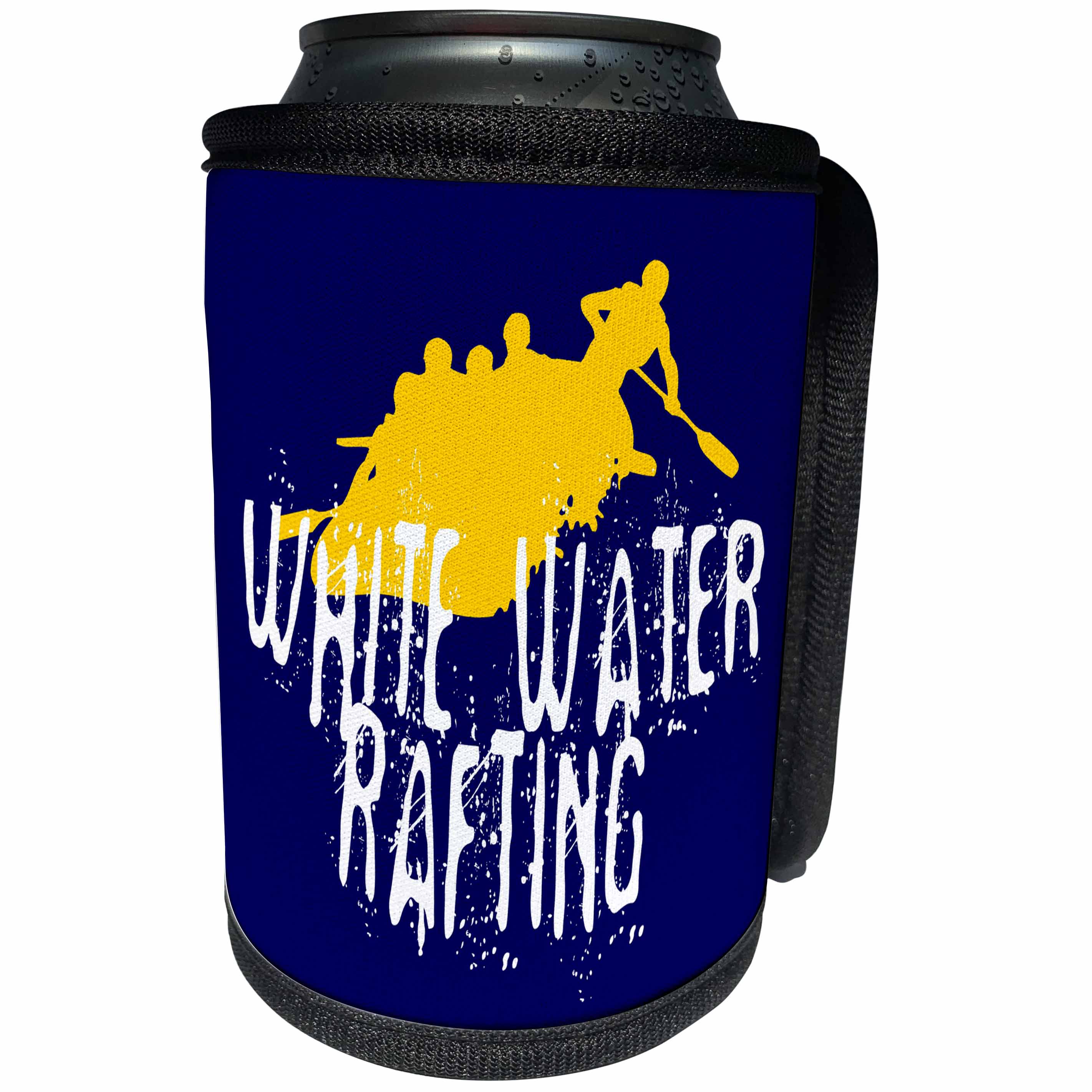 3dRose Alexis Design - Sport Boating Rafting - Water sport, white water rafting. Yellow raft, white text on blue - Can Cooler Bottle Wrap (cc_281319)