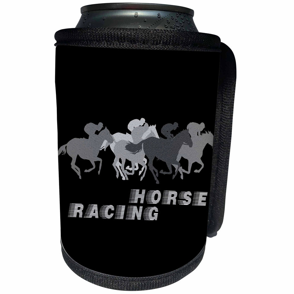 3dRose Alexis Design - Horse Racing - Running horses, jockeys. Text Horse Racing. Grey on black background - Can Cooler Bottle Wrap (cc_281321)