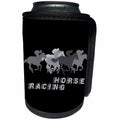 3dRose Alexis Design - Horse Racing - Running horses, jockeys. Text Horse Racing. Grey on black background - Can Cooler Bottle Wrap (cc_281321)