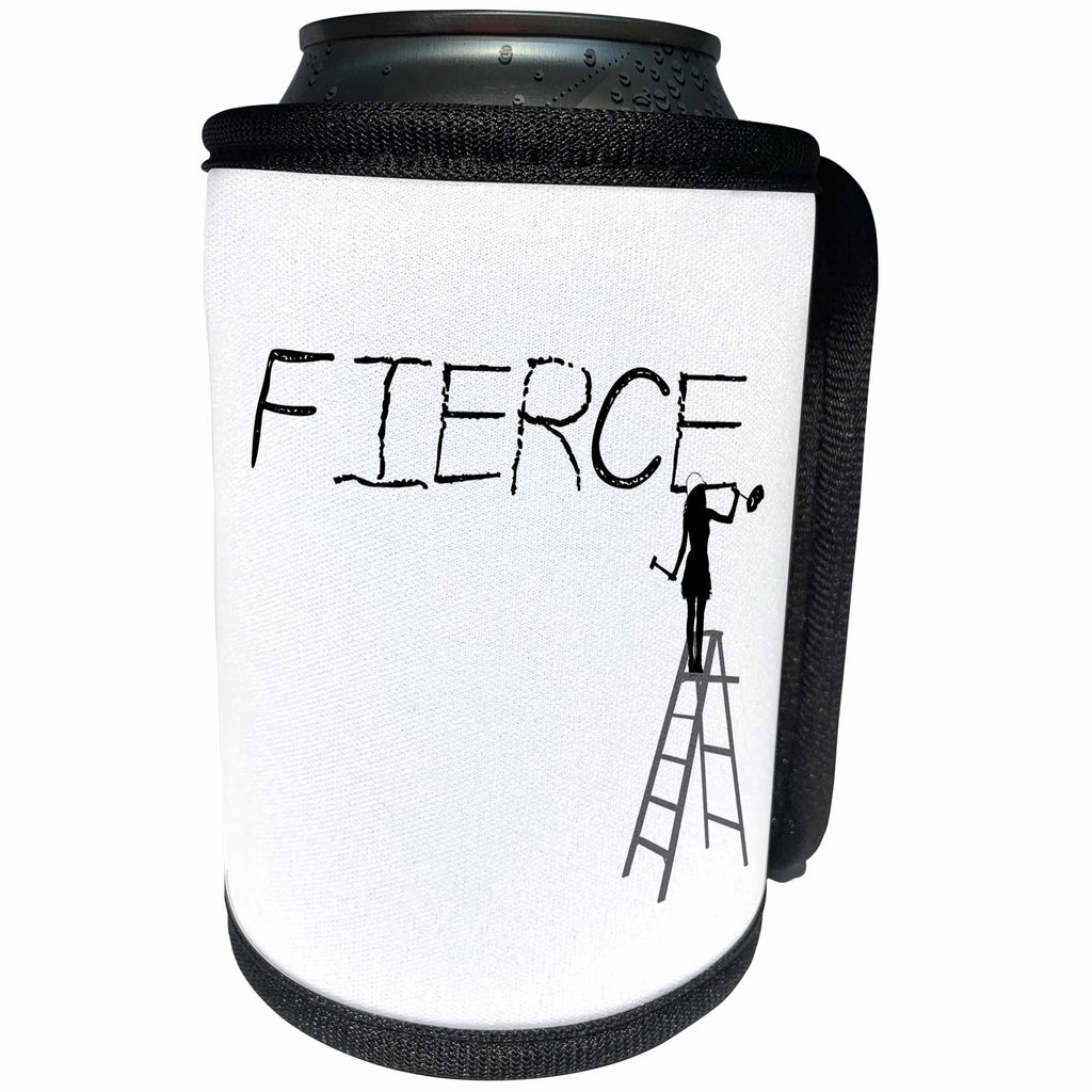 3dRose Alexis Design - Funny Worker - Woman worker on a ladder carves a word FIERCE. Black, grey on white - Can Cooler Bottle Wrap (cc_281323)