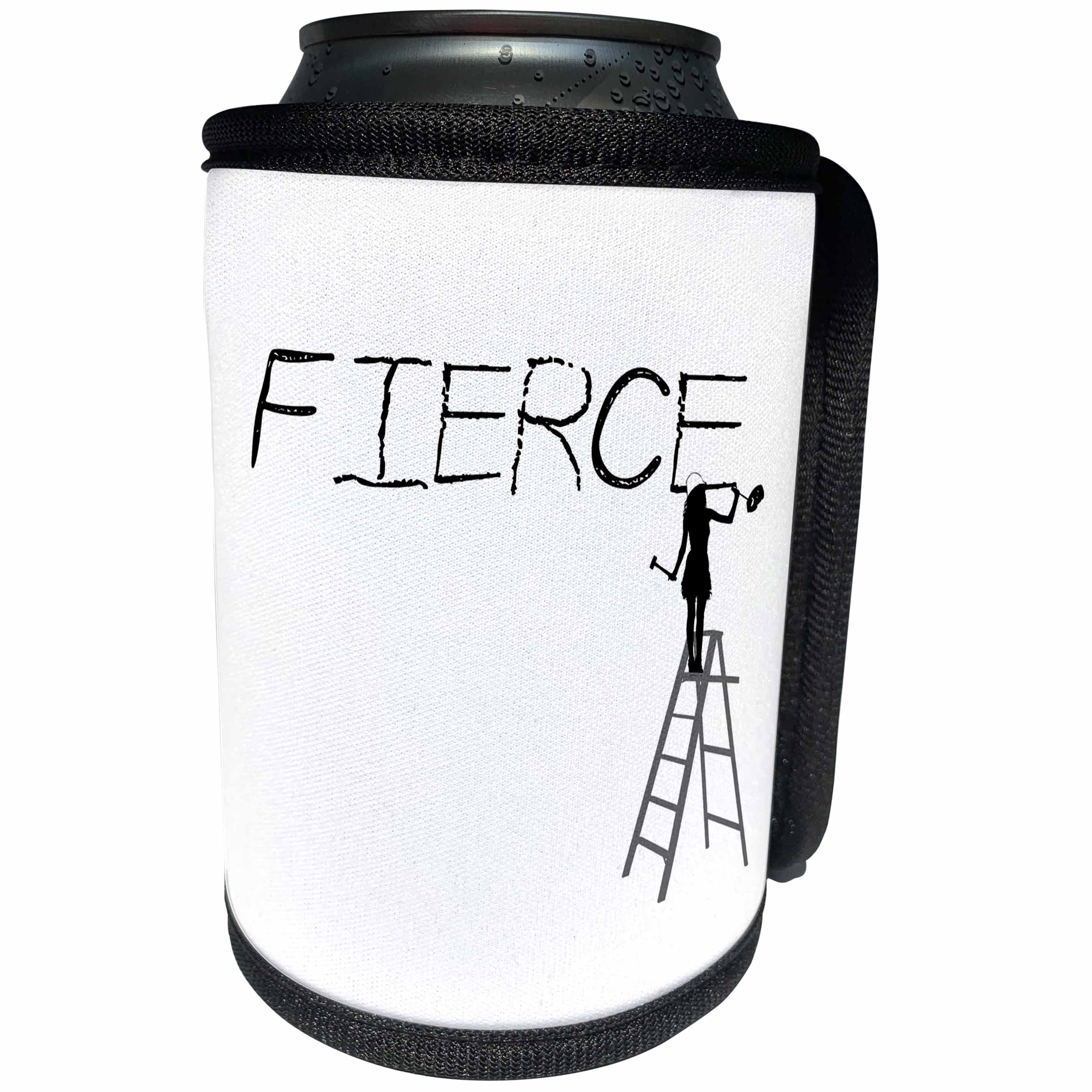 3dRose Alexis Design - Funny Worker - Woman worker on a ladder carves a word FIERCE. Black, grey on white - Can Cooler Bottle Wrap (cc_281323)