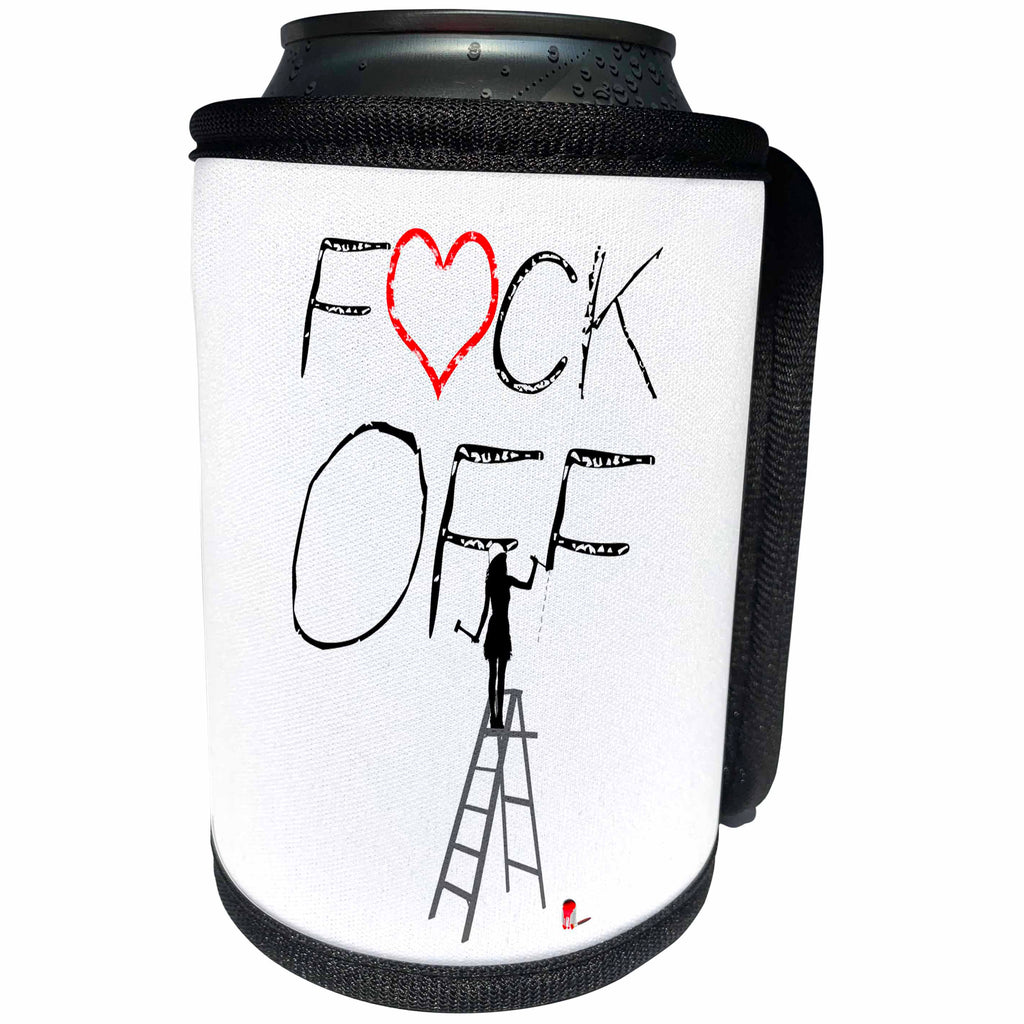 3dRose Alexis Design - Funny Worker - Woman worker on a ladder carves text F RED HEART CK OFF. Adult humor - Can Cooler Bottle Wrap (cc_281324)