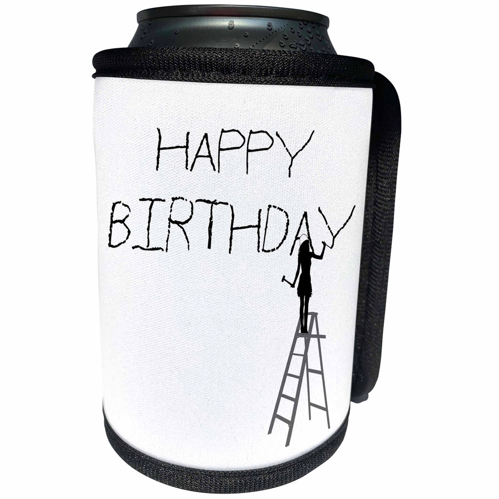 3dRose Alexis Design - Funny Worker - Woman worker on a ladder carves the positive text HAPPY BIRTHDAY - Can Cooler Bottle Wrap (cc_281326)
