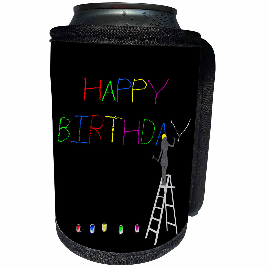 3dRose Alexis Design - Funny Worker - Woman worker on a ladder carves, paints text HAPPY BIRTHDAY on black - Can Cooler Bottle Wrap (cc_281327)