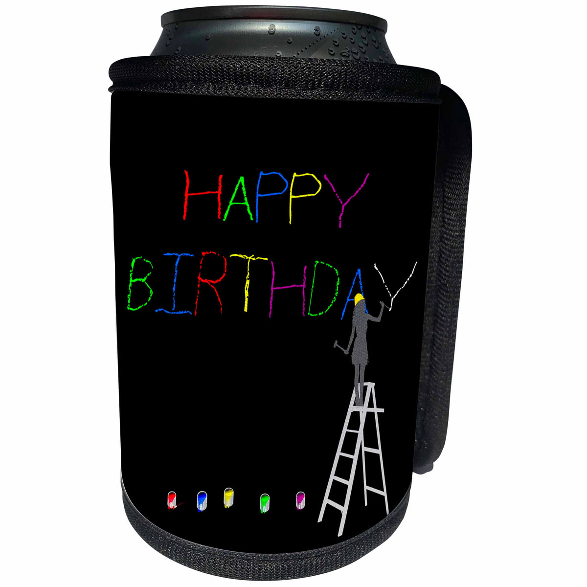 3dRose Alexis Design - Funny Worker - Woman worker on a ladder carves, paints text HAPPY BIRTHDAY on black - Can Cooler Bottle Wrap (cc_281327)