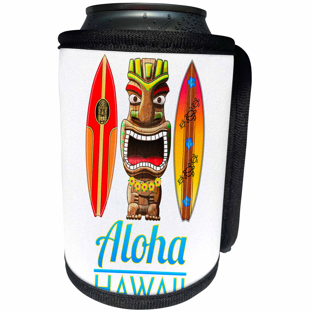 3dRose MacDonald Creative Studios – Hawaii - Tropical Aloha Hawaii tiki statue with retro Hawaiian surfboards - Can Cooler Bottle Wrap (cc_281499)
