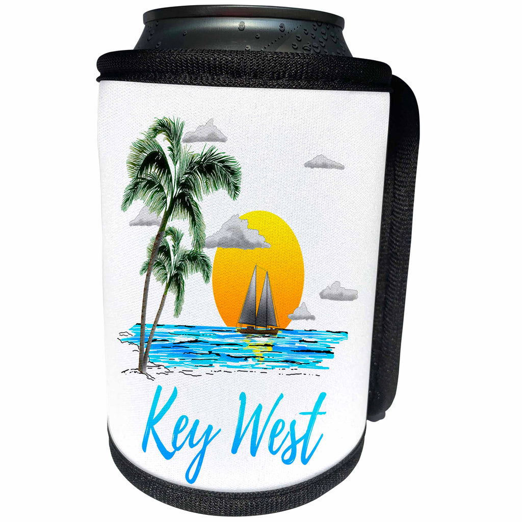 3dRose MacDonald Creative Studios – Florida - Nautical sailing for Key West, Florida with palm trees and sunset - Can Cooler Bottle Wrap (cc_281506)