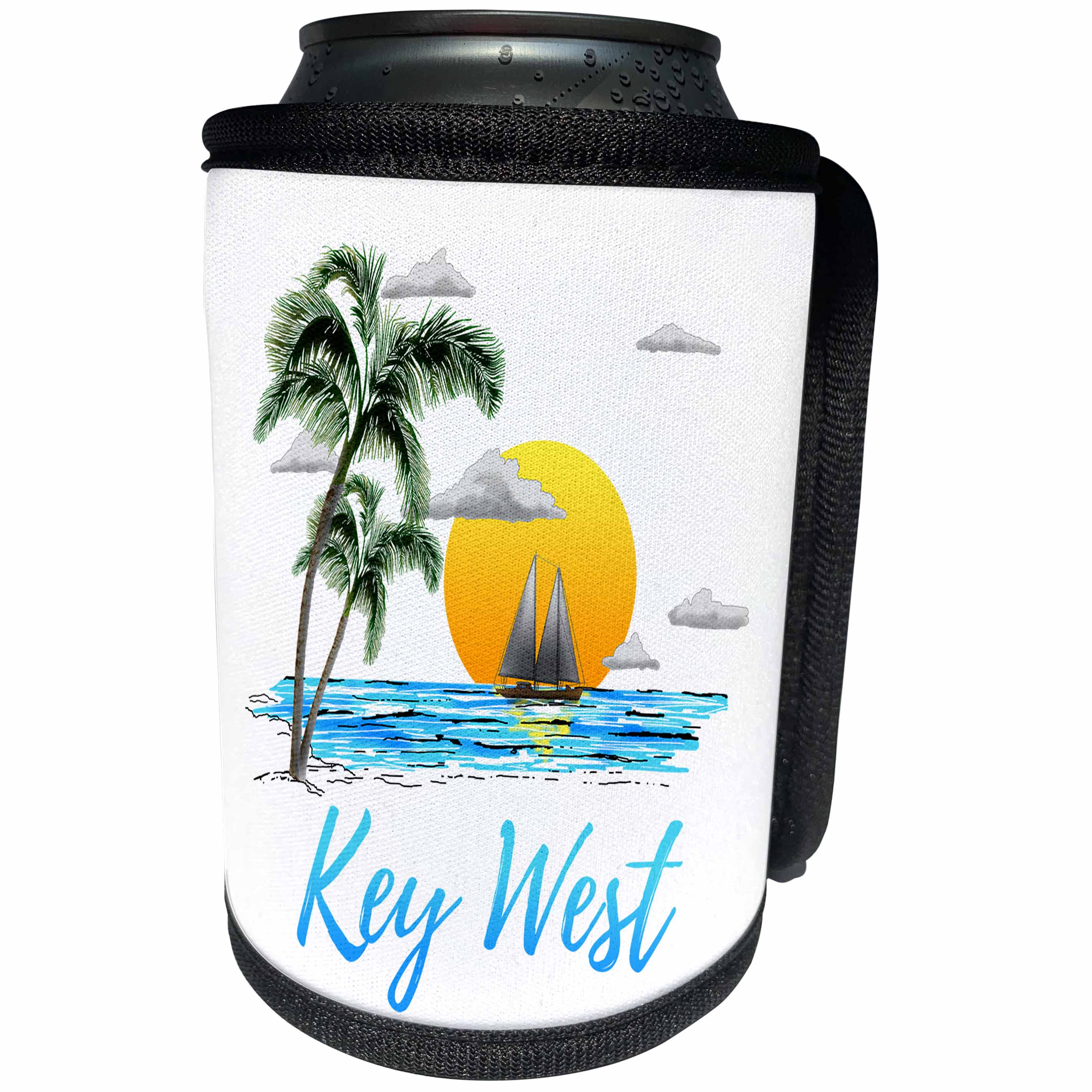 3dRose MacDonald Creative Studios – Florida - Nautical sailing for Key West, Florida with palm trees and sunset - Can Cooler Bottle Wrap (cc_281506)