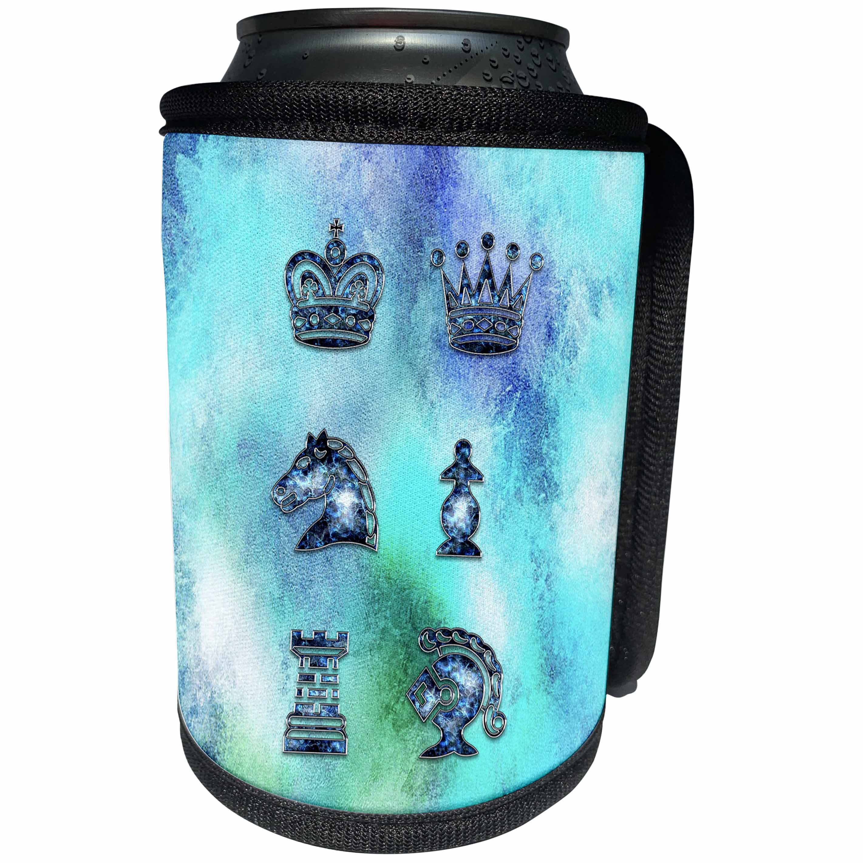 3dRose Spring And Summer Abstracts - Image of Chess Pieces In Glittery Blue On Aqua and Violet - Can Cooler Bottle Wrap (cc_281543)