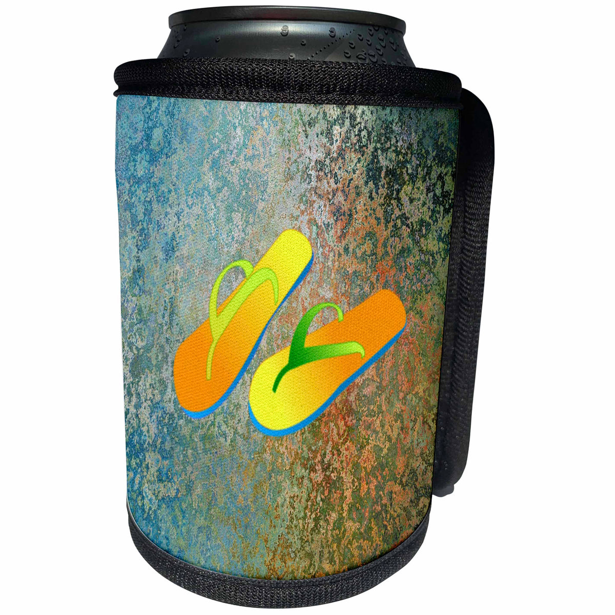 3dRose Spring And Summer Abstracts - Image of Orange and Yellow Flip Flops On Aqua Peachy Color - Can Cooler Bottle Wrap (cc_281547)