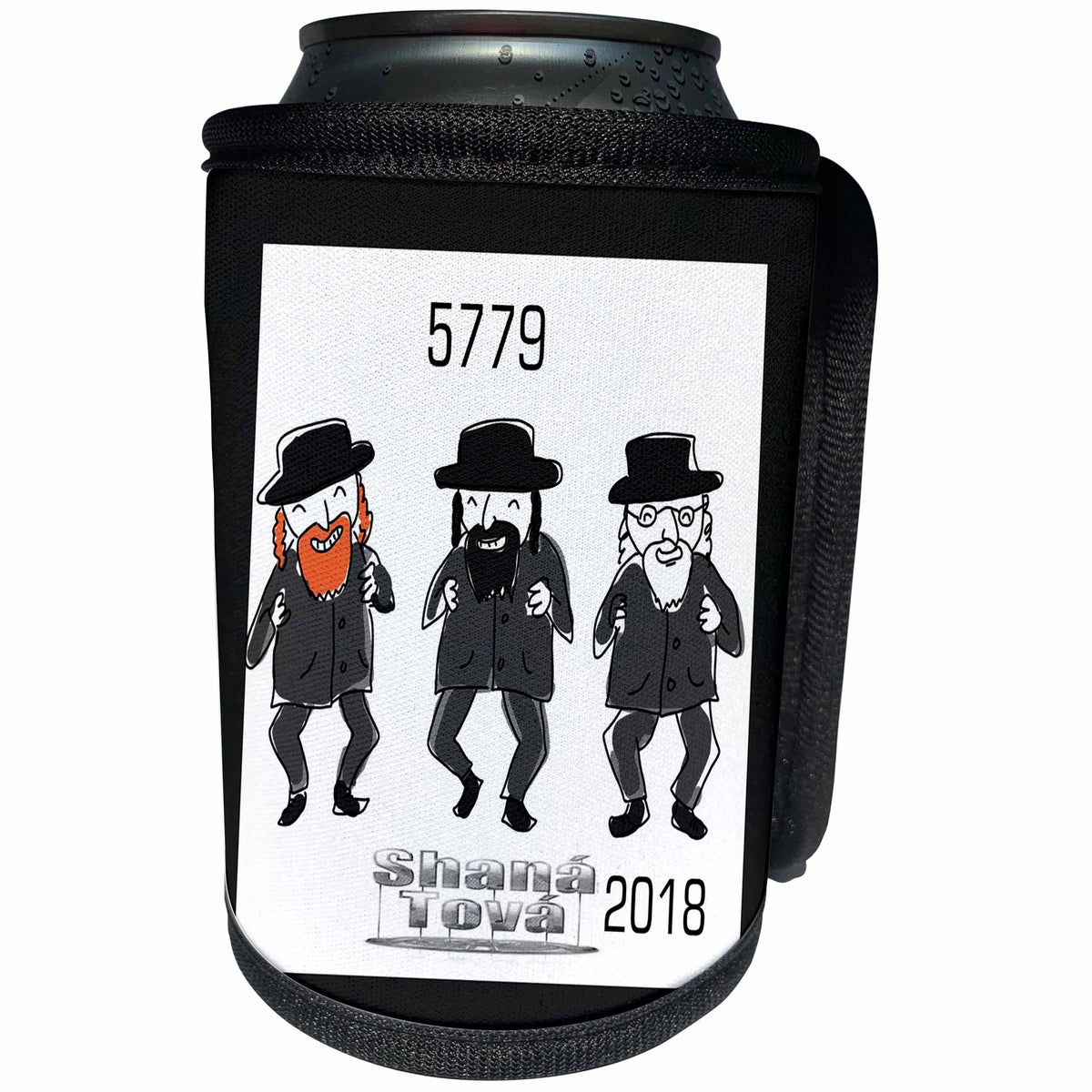3dRose Jewish Themes - Image of three Dancing Rabbis Say Shana Tova 5779 - Can Cooler Bottle Wrap (cc_281549)