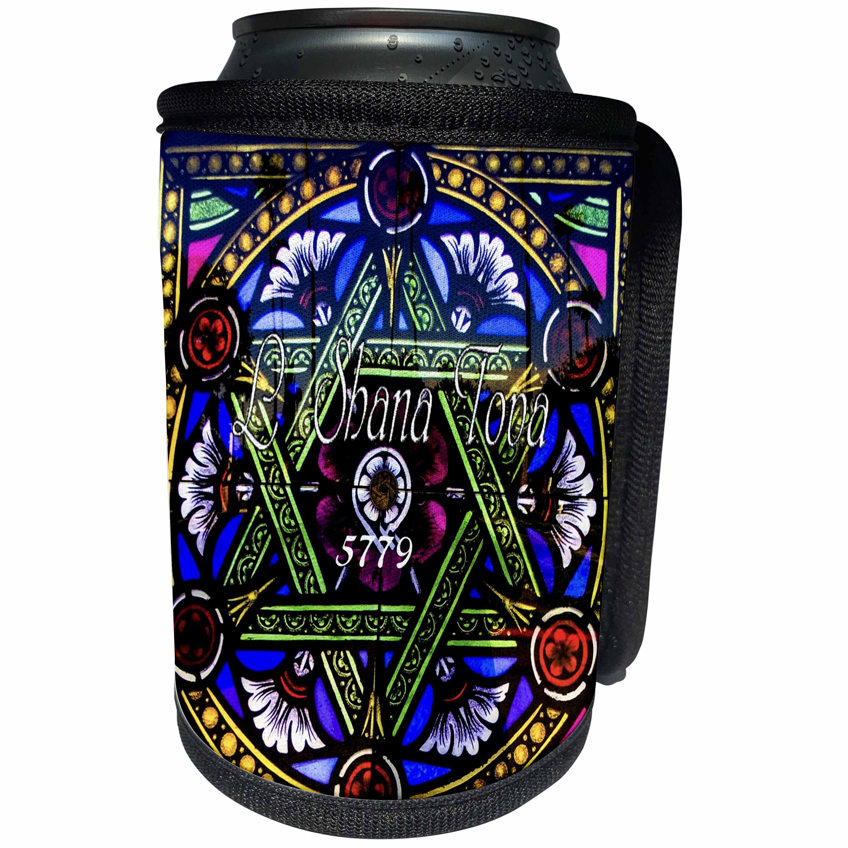 3dRose Jewish Themes - Image of Star Of David In Stained Glass With 5779 Greeting - Can Cooler Bottle Wrap (cc_281552)