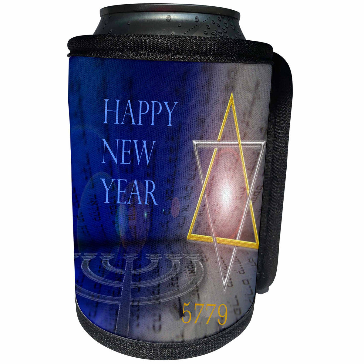 3dRose Jewish Themes - Image of Bright Mogen David With Menorah and Happy New Year - Can Cooler Bottle Wrap (cc_281556)