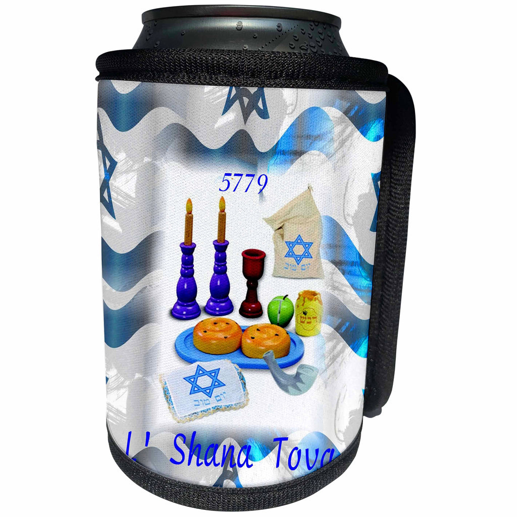 3dRose Jewish Themes - Image of Symbols Of Rosh Hashanah On Israeli Flag - Can Cooler Bottle Wrap (cc_281558)
