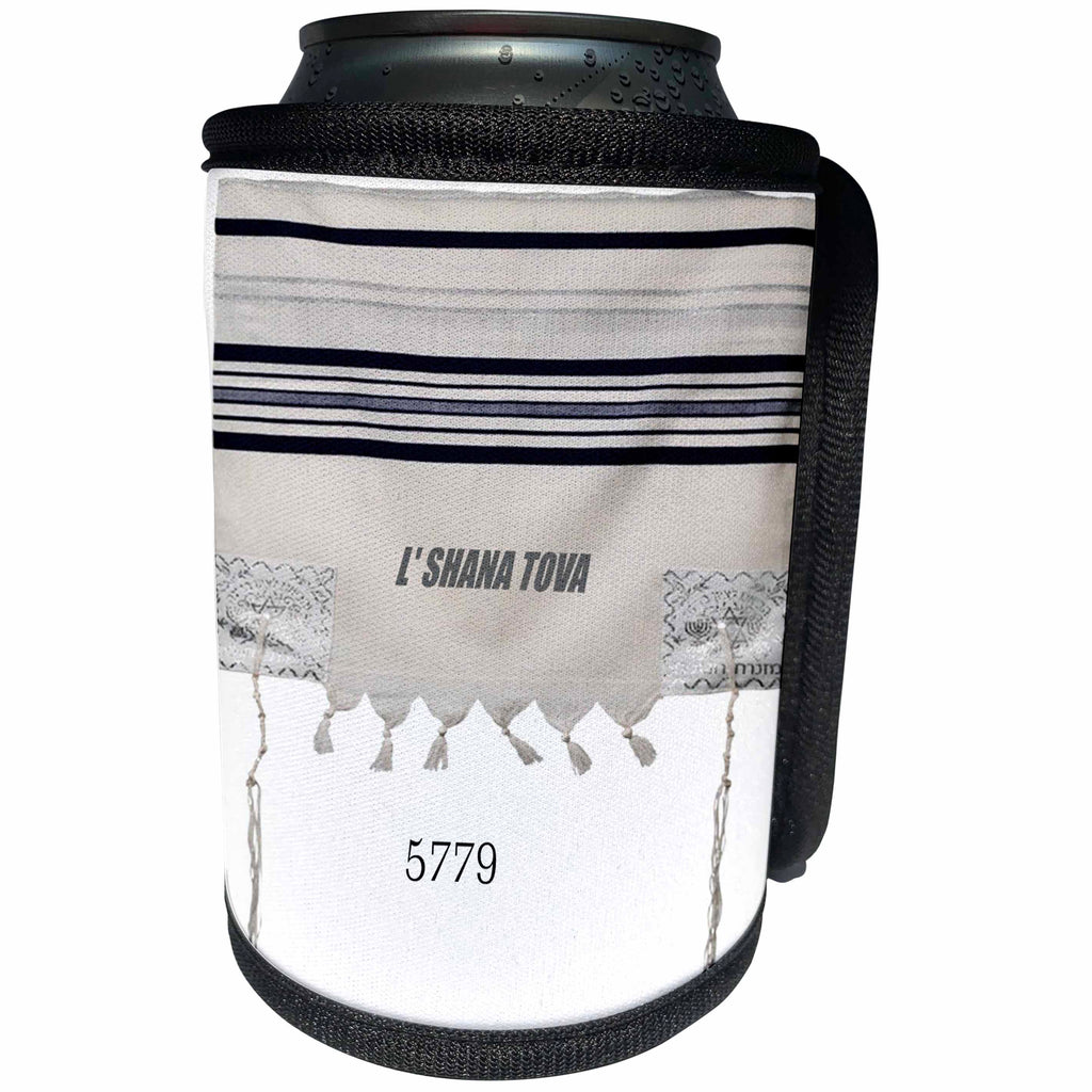3dRose Jewish Themes - Image of Prayer Shawl Says l Shana Tova 5779 - Can Cooler Bottle Wrap (cc_281561)
